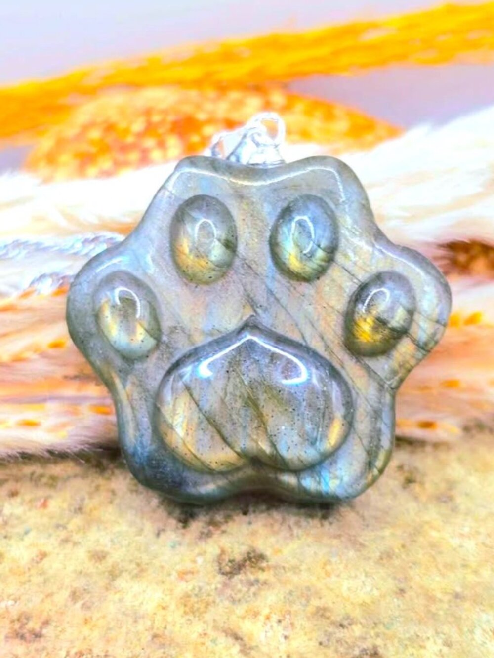 Labradorite Cat Paw Pendant • 1.1" Heart Paw Carving • Crystal Necklace
